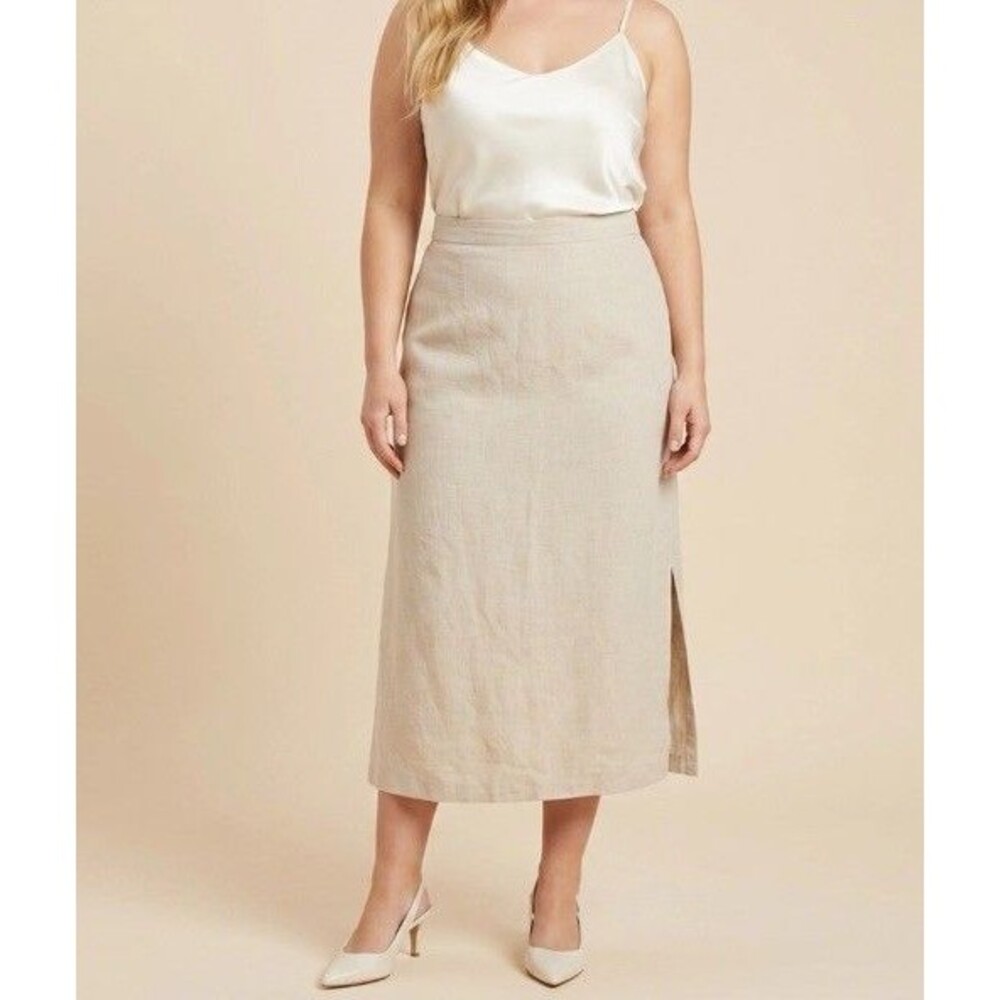 Beige Linen Blend Midi Skirt Size Small Oatmeal Classic Neutral Coastal Beach